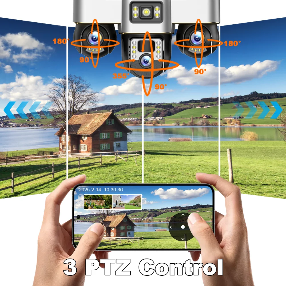 Kamera solarna 4G LTE 15MP HD z potrójnym obiektywem, zewnętrzna, wodoodporna, IP CCTV, z detekcją ruchu PIR, funkcją PTZ i kolorowym trybem nocnym.