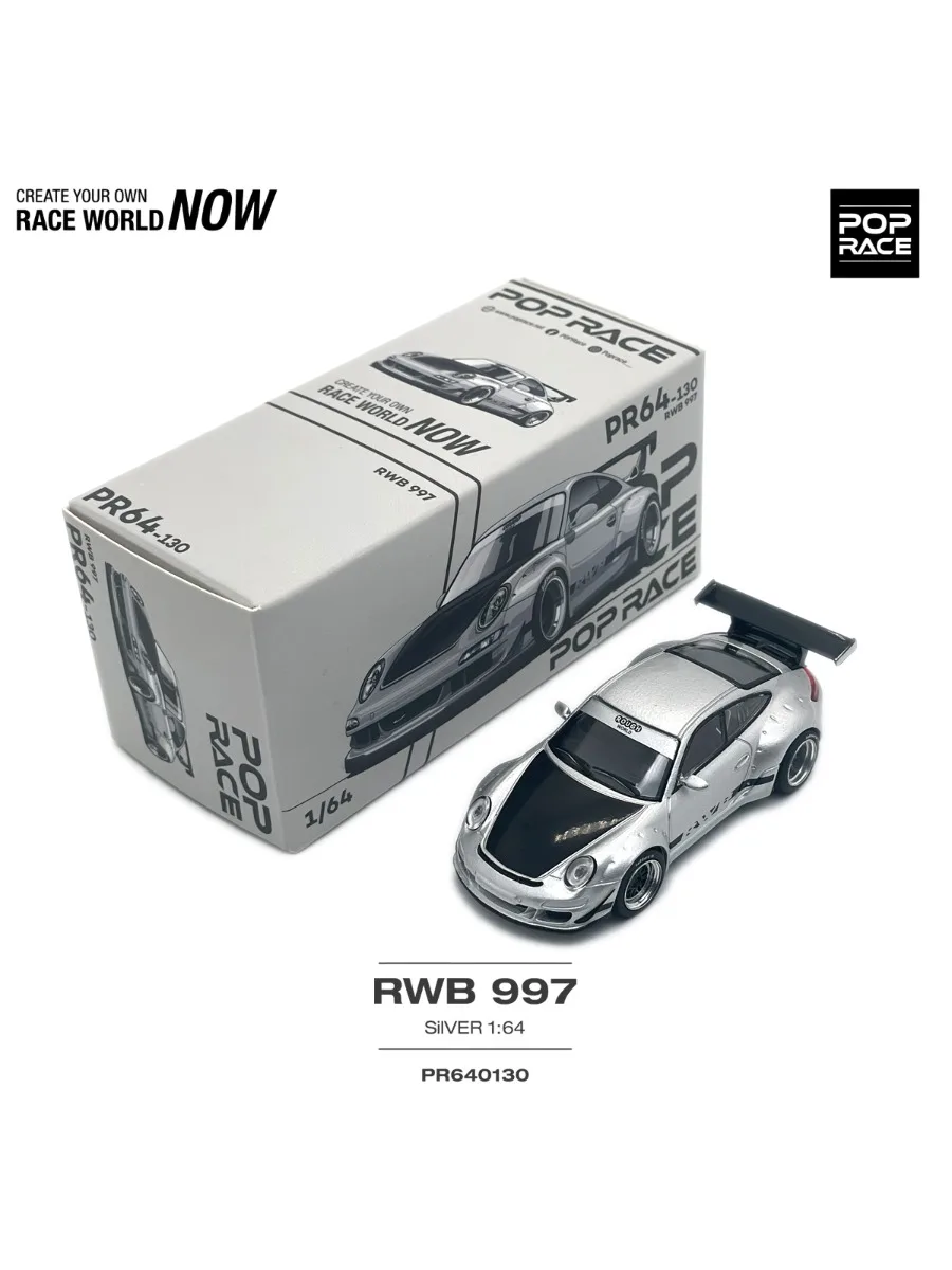 Pop Race PR640130 1:64 RWB Porsche 997 Srebrny Czarny Pokrywa Maski Widebody JDM Tuner Model Samochodu z Odlewu Ciśnieniowego Dostępny Od Ręki Gotowy do Wysyłki — 2