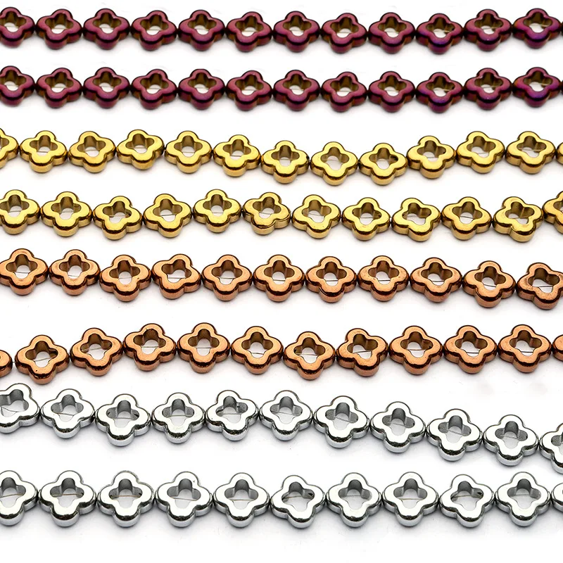 12mm Natural Stone Hematite Colorful Plating Four-leaf Clover Highgrade Handmade Jewelry Making DIY Bracelet Necklace Parts 15\'\'