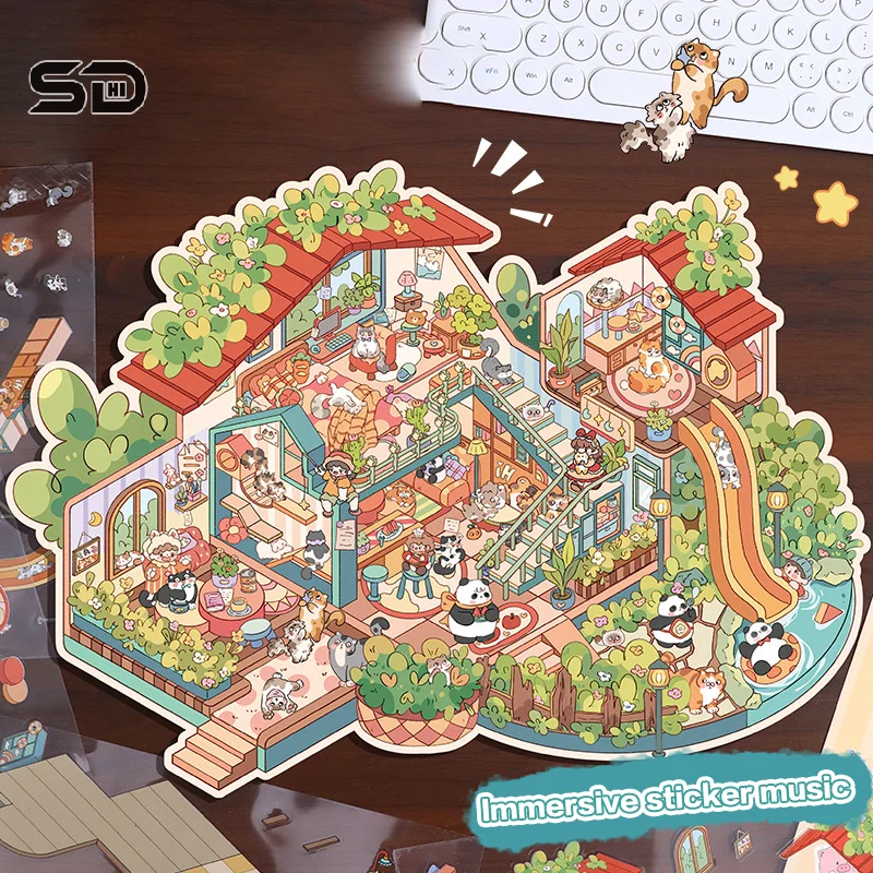 Large Size Cartoon Creative Three-Dimensional Landscaping DIY Handbook Stickers Cute Cabin Scene Stacking Decor Pasting Sticker