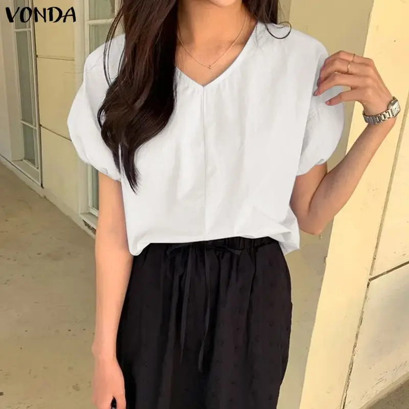 

Элегантная блузка VONDA для женщин, однотонная, с коротким рукавом, модная, с V-образным вырезом, сексуальная, повседневная, свободная, летняя, туникообразная, 2026