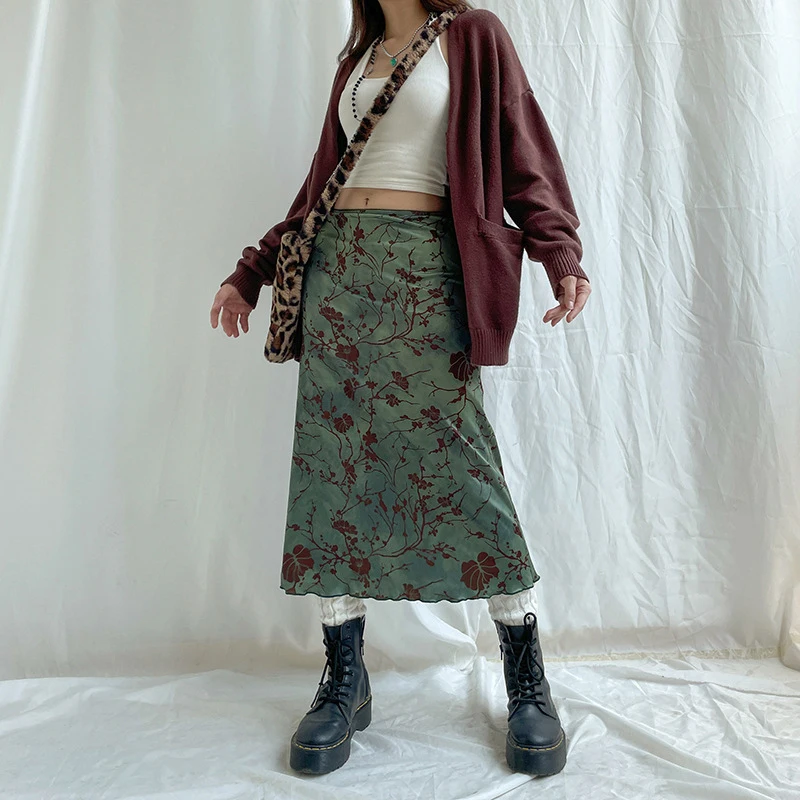 Floral Print Women Long Skirts Vintage Sweet Straight Female Midi Skirts Harajuku Autumn New All Match Ladies Skirts