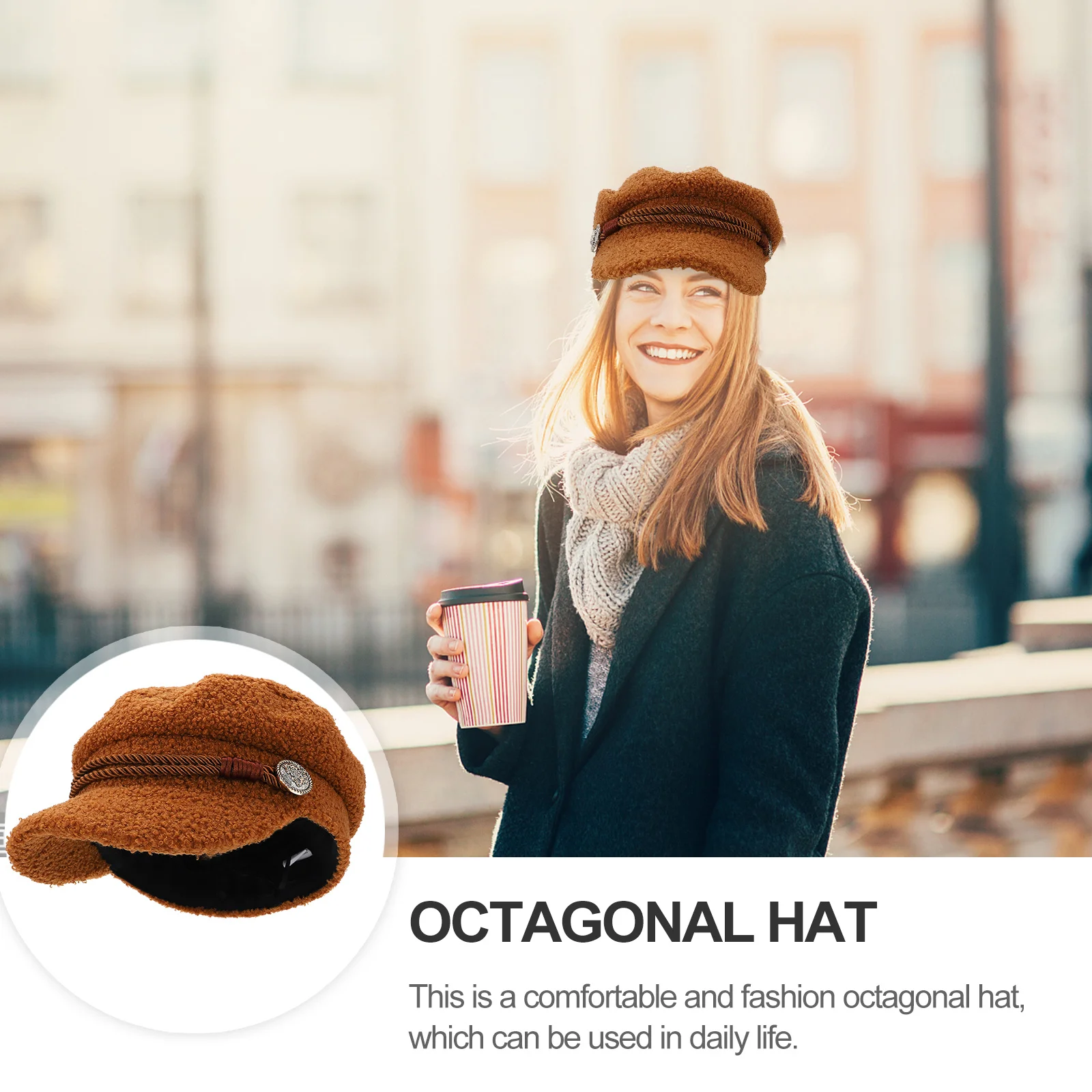 

1 pc Women'S Octagonal Lambwool Hat Stylish Warm Winter Cap All-Match Decorative Outdoor Casual Beanie For