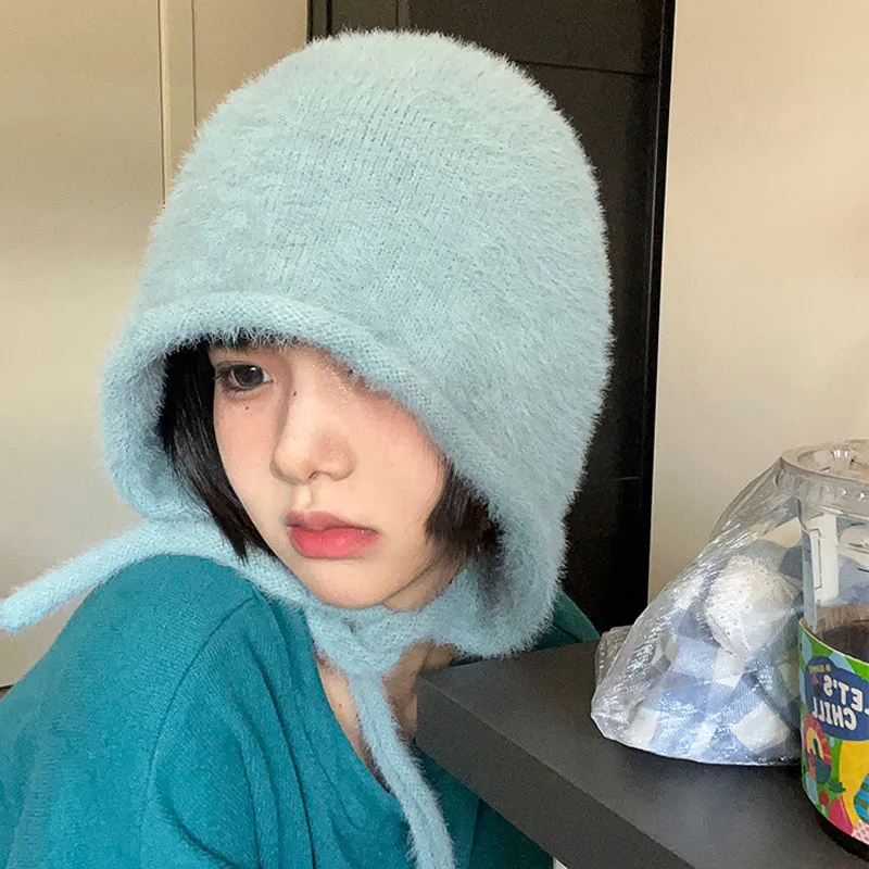 Y2K Cute Beanie Autumn Winter Women Warm Japanese Knit Hat Pile Caps Men Ear Protection Tie Pullover Hat Gorro Bonnet