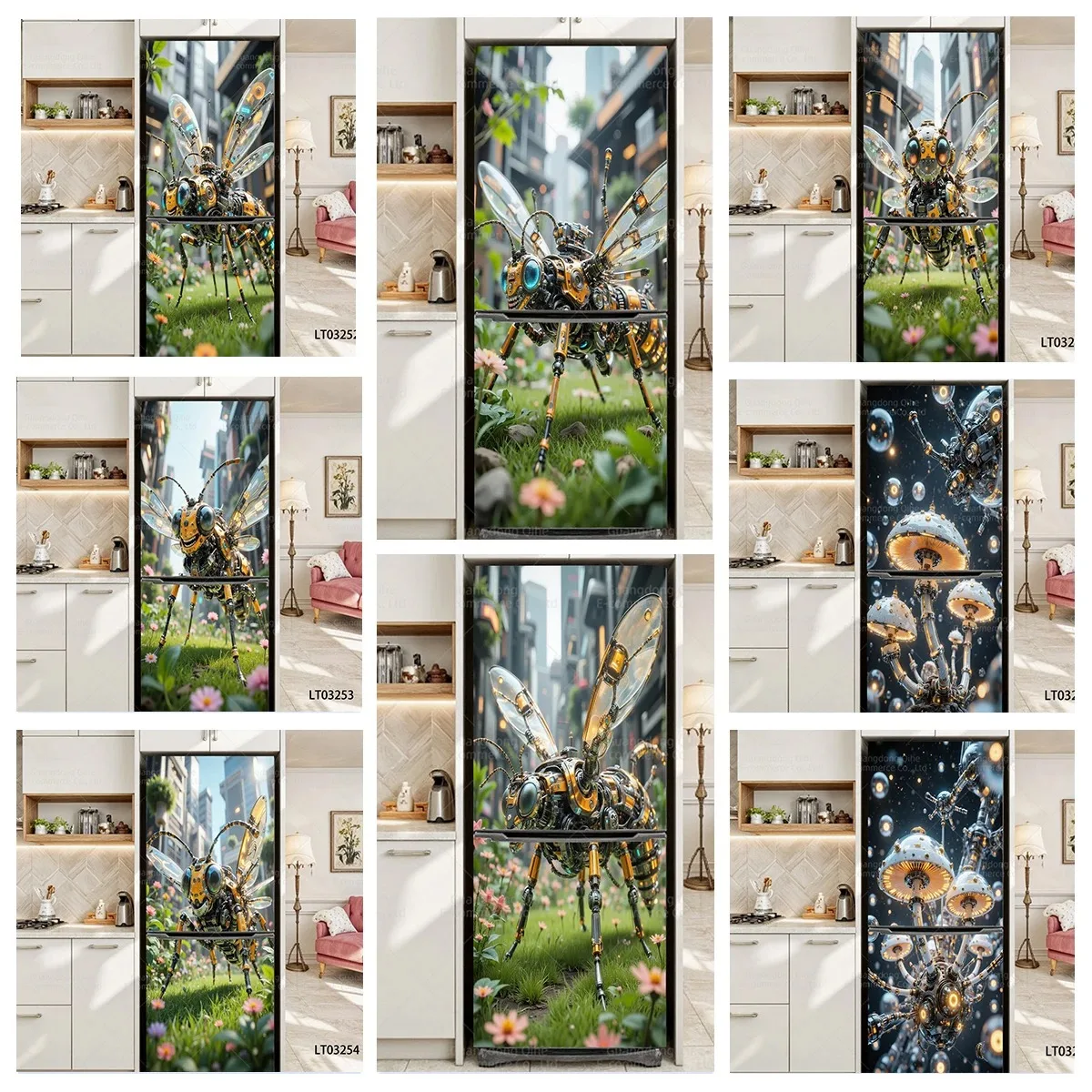 

Cyberpunk Mechanical Bee Refrigerator Door Sticker Waterproof Self-Adhesive Fridge Mural Wrap for Home Kitchen Decor