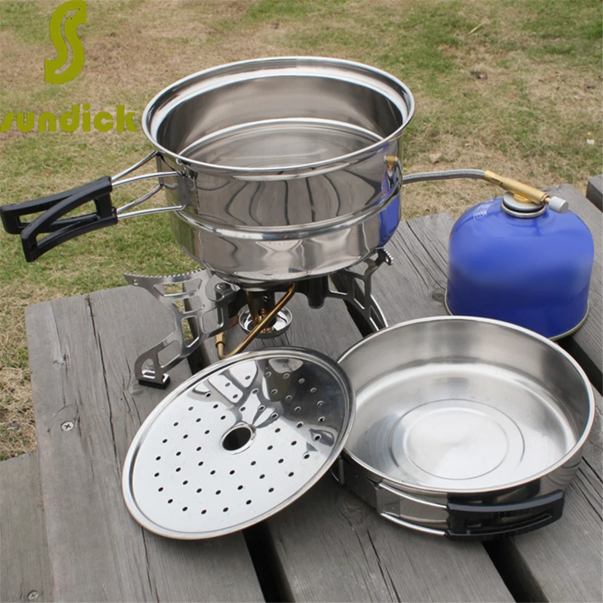 

B17CB 3Pcs Set Outdoor Camping Picnic Pot Stainless Steel Cookware Picnic Pan Set Cooking Tool Set for 2-3 People (Silver)