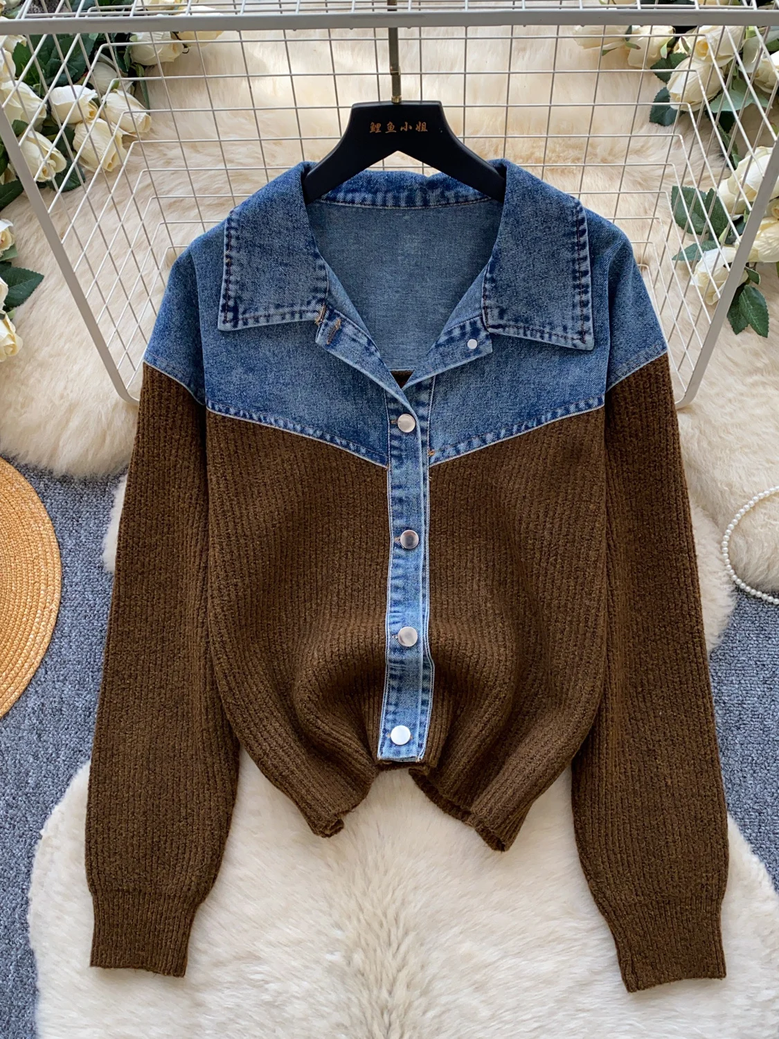 Laid-back Style Denim Patchwork Knitted Cardigan Women's Fashion Autumn New High-End Sweater Coat French Style Loose Fit