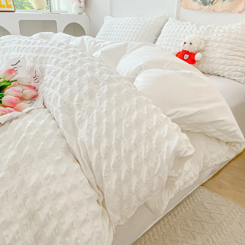 

3pcs White seersucker Duvet Cover Set (1*Duvet Cover + 2*Pillowcase, Without Core),pink Bedding Set