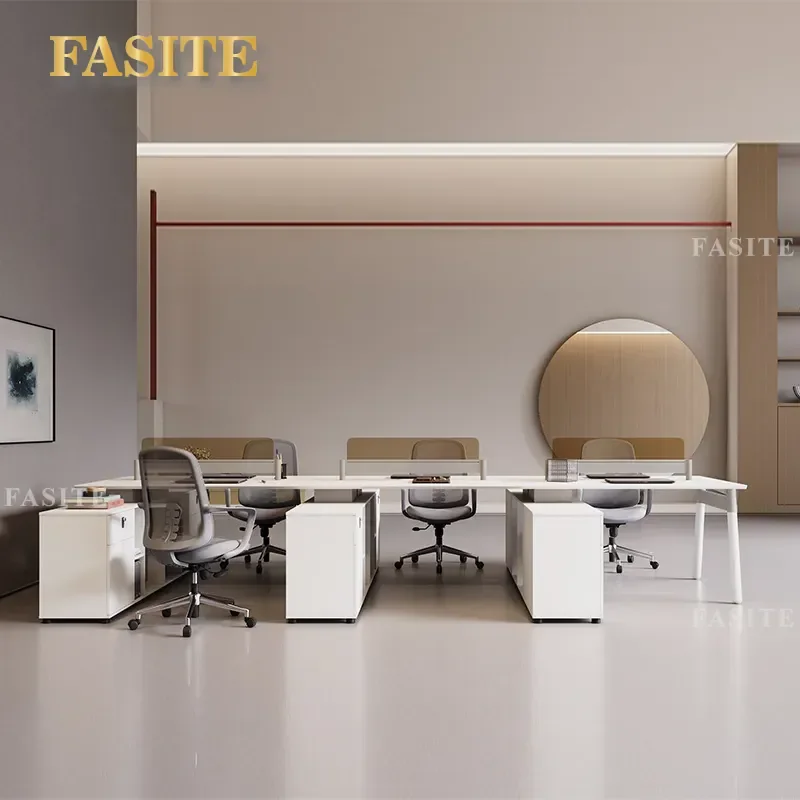 For Modern Simple White Staff Desk Two or Four Seated with Side Cabinets Designer Accounting Office Furniture