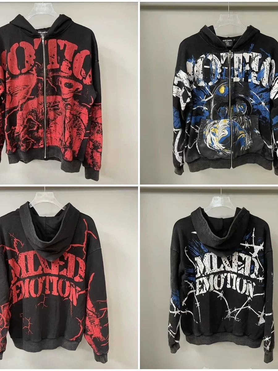 

Washed Vintage Print Loose Casual Hooded Open Cardigan Jacket Hip Hop Style Boy's Sweatshirt Trendy Autumn Thin Long Sleeve
