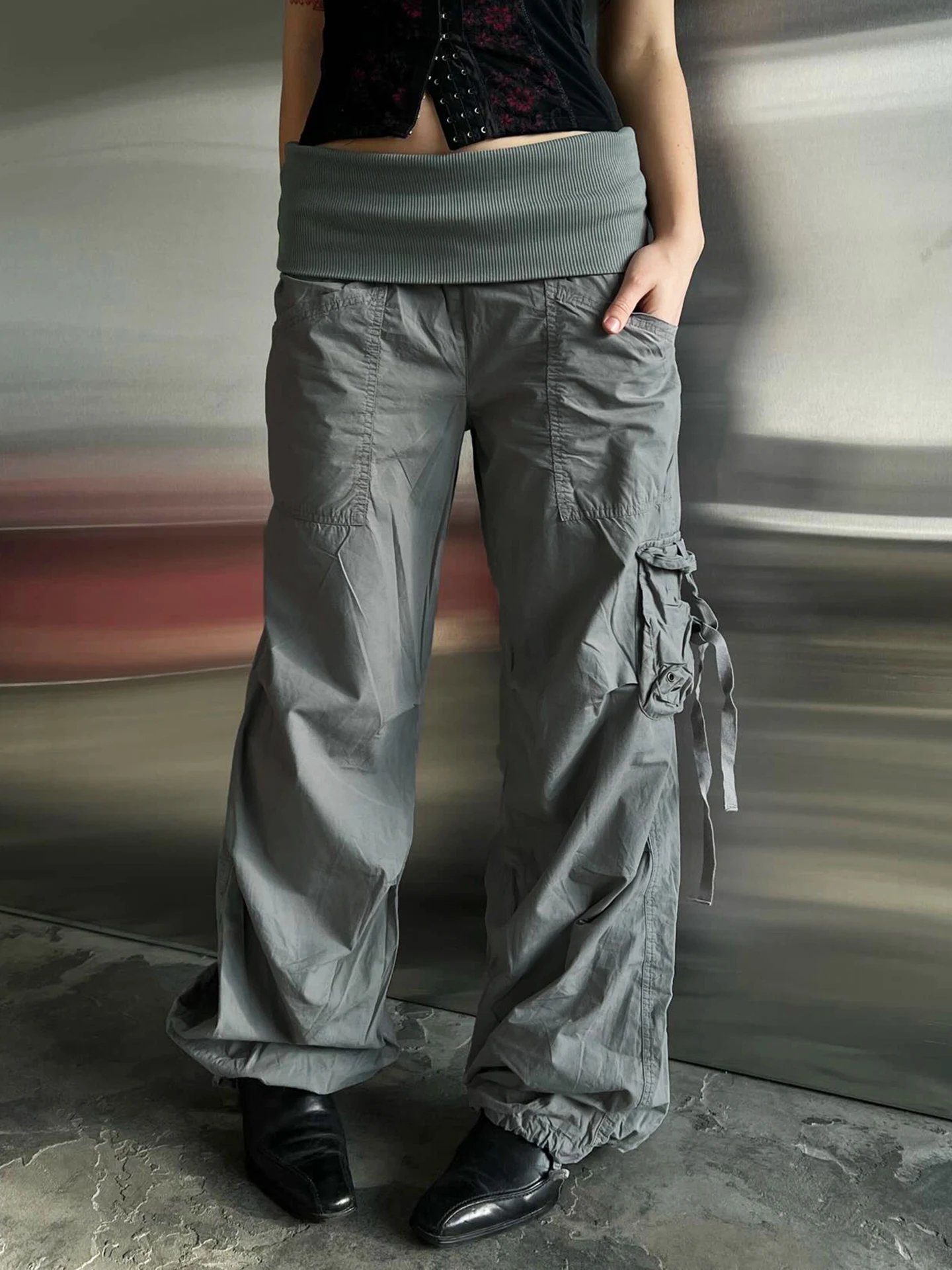

WEEKEEP Casual Loose Straight Leg Work Pants Women's Multi-Pocket Street Style Low Waist Trousers Pure Color Patchwork