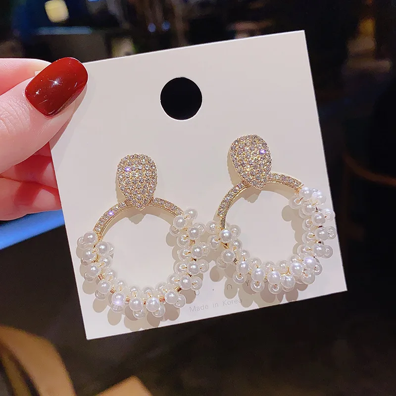 New Fashion Round Pearl Earrings Women Geometric Zircon Heart Gold Color Earring Wedding Accessories Gifts 2020 Trendy Jewelry