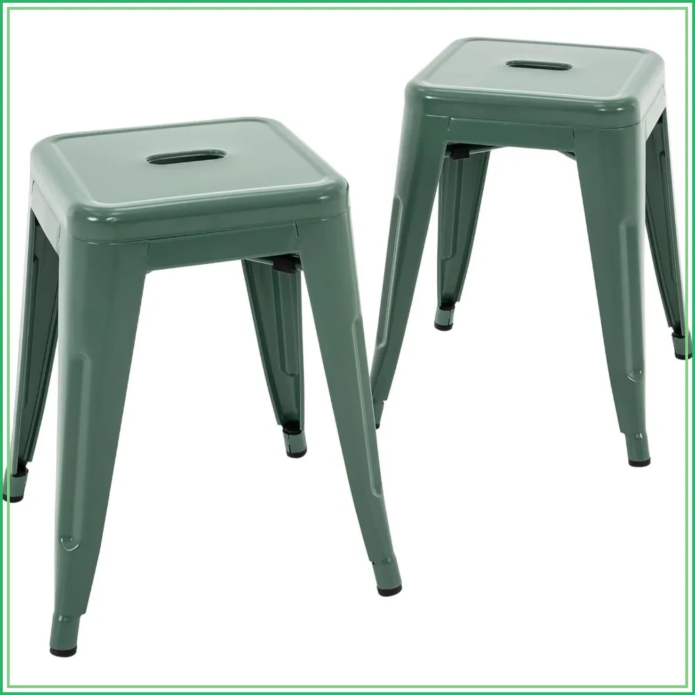 18 inch Industrial Metal Stools Set of 2, Stackable Indoor Outdoor, Dark Green