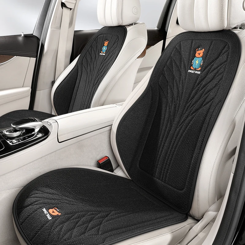 

Two Front Car Seat Protector Cartoon Bear Embroidered Linen Car Seat Covers Breathable & Durable Universal Fit