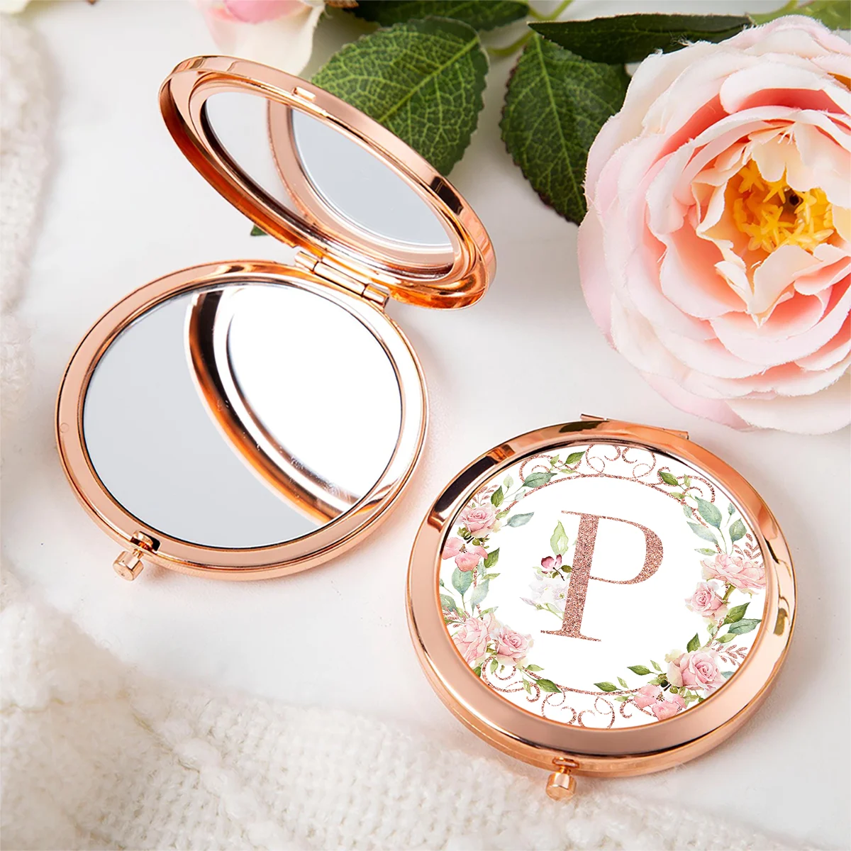 Personalized Initial Makeup Mirror Rose Gold Double sided Folding Portable Pocket Mirror Travel Makeup Mirror