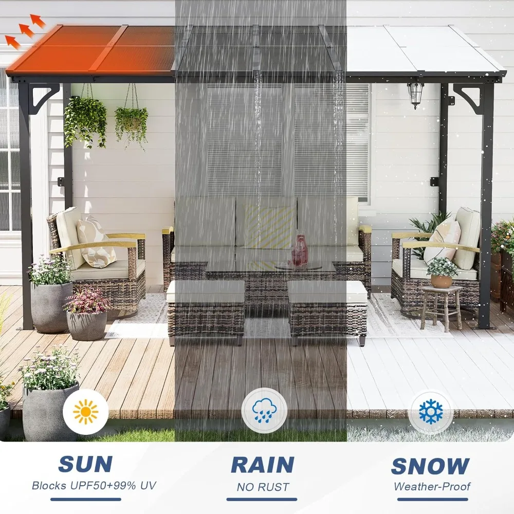 

8' x 12' Wall Mounted Pergola, Lean to Metal Awnings, Sloped Roof Patio Gazebo Awning, Black