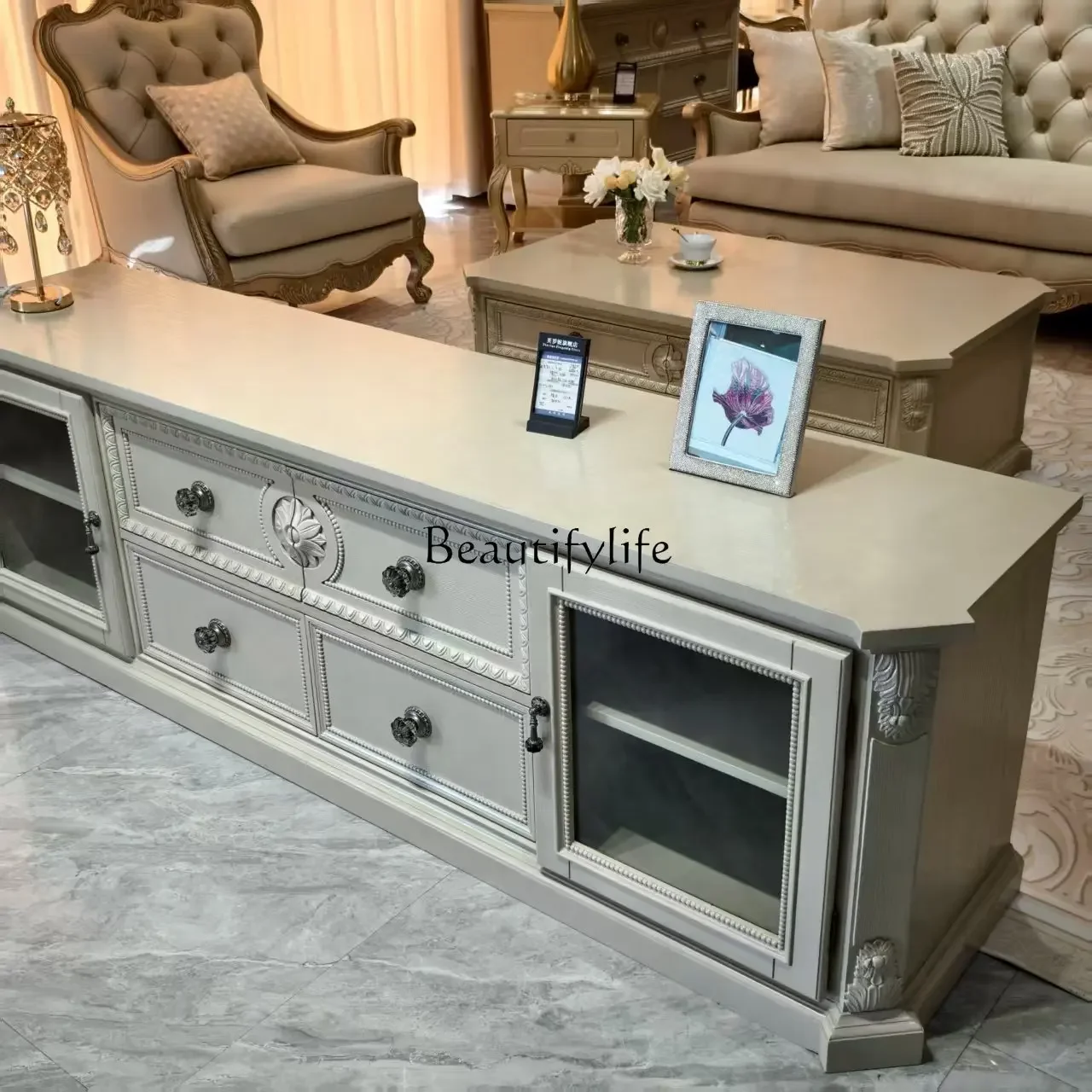 

yj5 Furniture TV cabinet, American country solid wood antique oak carved old floor cabinet