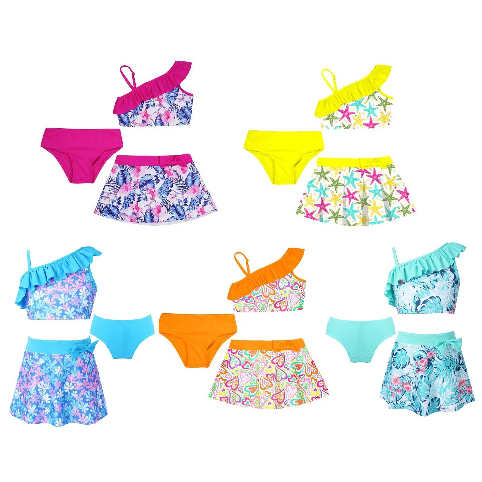 Children Kids Girls Tankini Set 3 Piece Floral Print Tank Vest Tops with Bikini Briefs and Skirts Sets Summer Swimwear Swimsuits