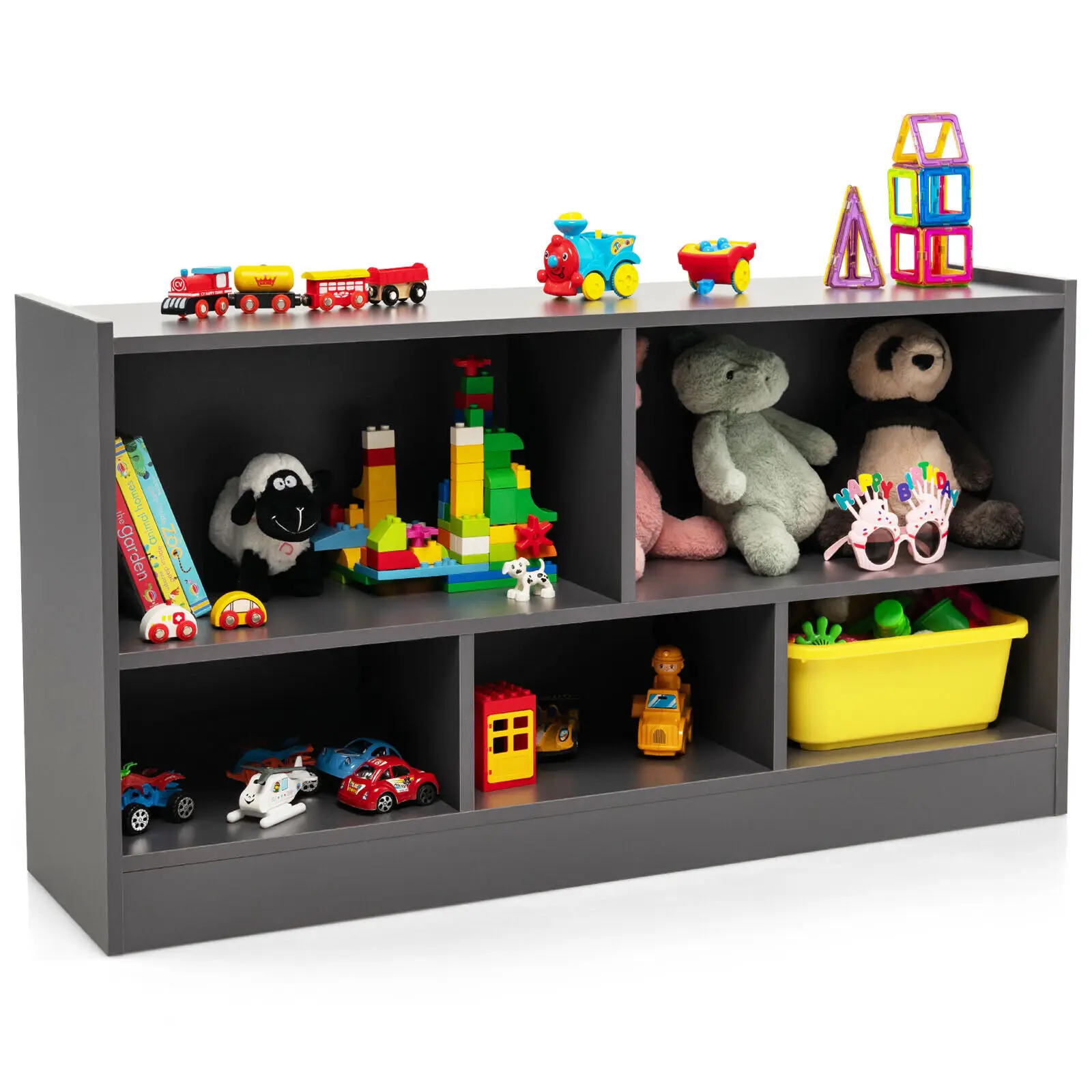 Costway Kids 5-Cube Toy Storage Cabinet 2-Shelf Wooden Bookcase School Organizer Grey