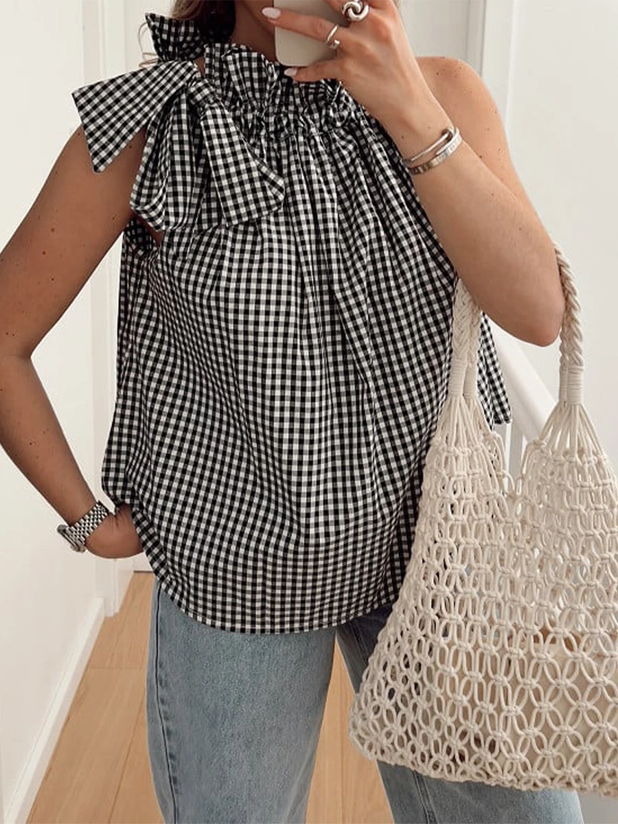 

Women Y2k Halter Tank Gingham Tie Mock Neck Top Casual Bow Loose Ruffle Peplum Babydoll Sleeveless Shirt