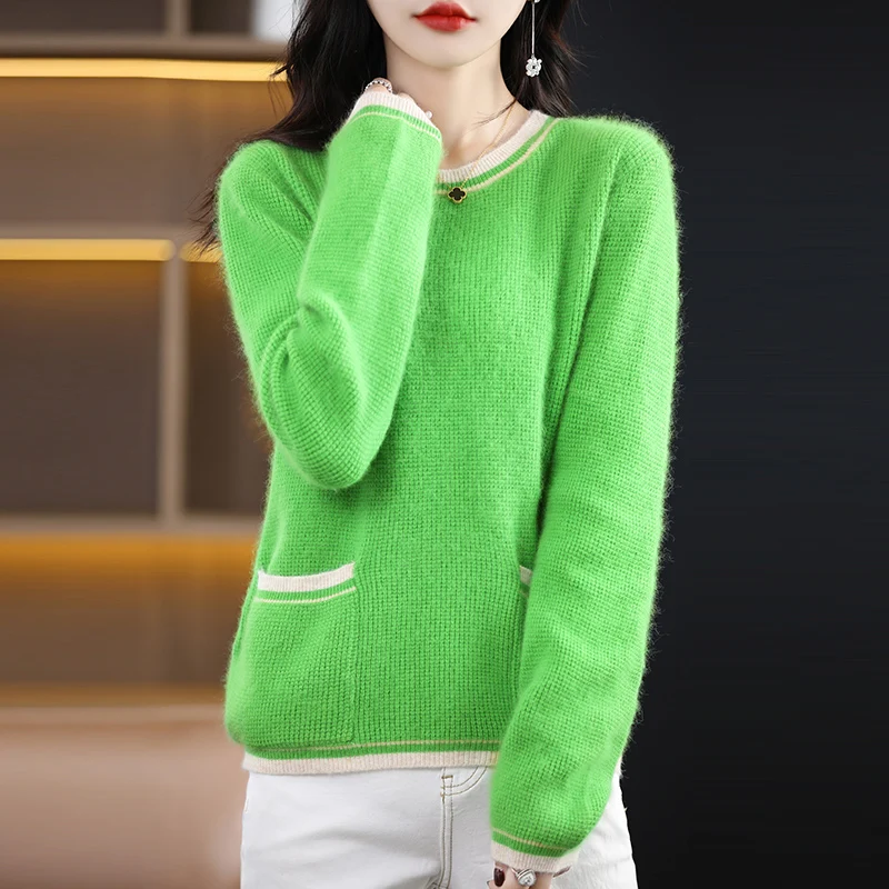 Autumn Winter New Round Neck Mink Cashmere Sweater Women's Pullover Long Sleeve Color Matching Short Wool Knit Bottoming Sweater