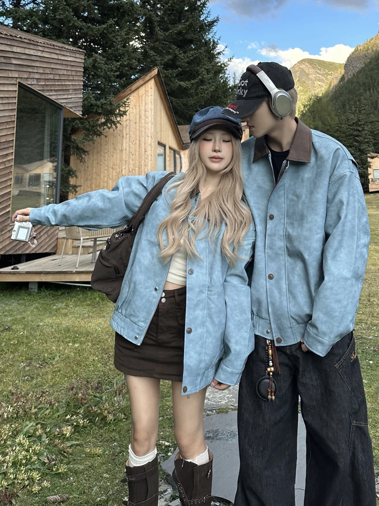 الأزواج مطابقة الخريف الشتاء بدوره إلى أسفل طوق اللون بلو بو الجلود Jaet الرجال خمر الأمريكية Sle معطف غير رسمي