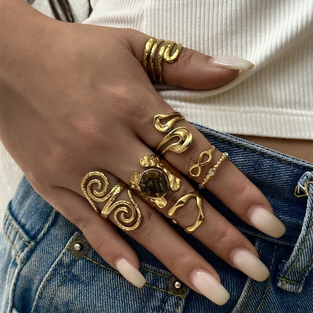 Stainless Steel Spiral Wrapped Lava Infinity Bowknot Hammered Rings For Women Men Irregular Textured Geometric Ring Punk Jewelry