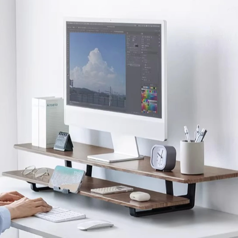 Double Decker Monitor Stand, 2-Tier Computer Screen Riser with Phone Holder & Storage, Office Desk Organizer Shelf for Workspace