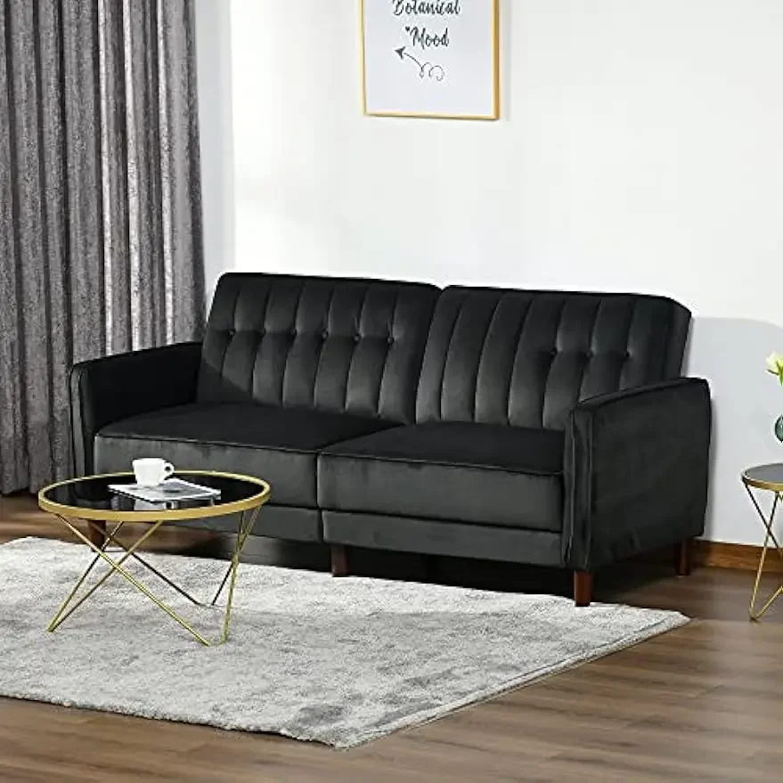 Convertible Sofa Sleeper Futon with Split Back Design Recline, Thick Padded Velvet-Touch Cushion Seating and Wood Legs