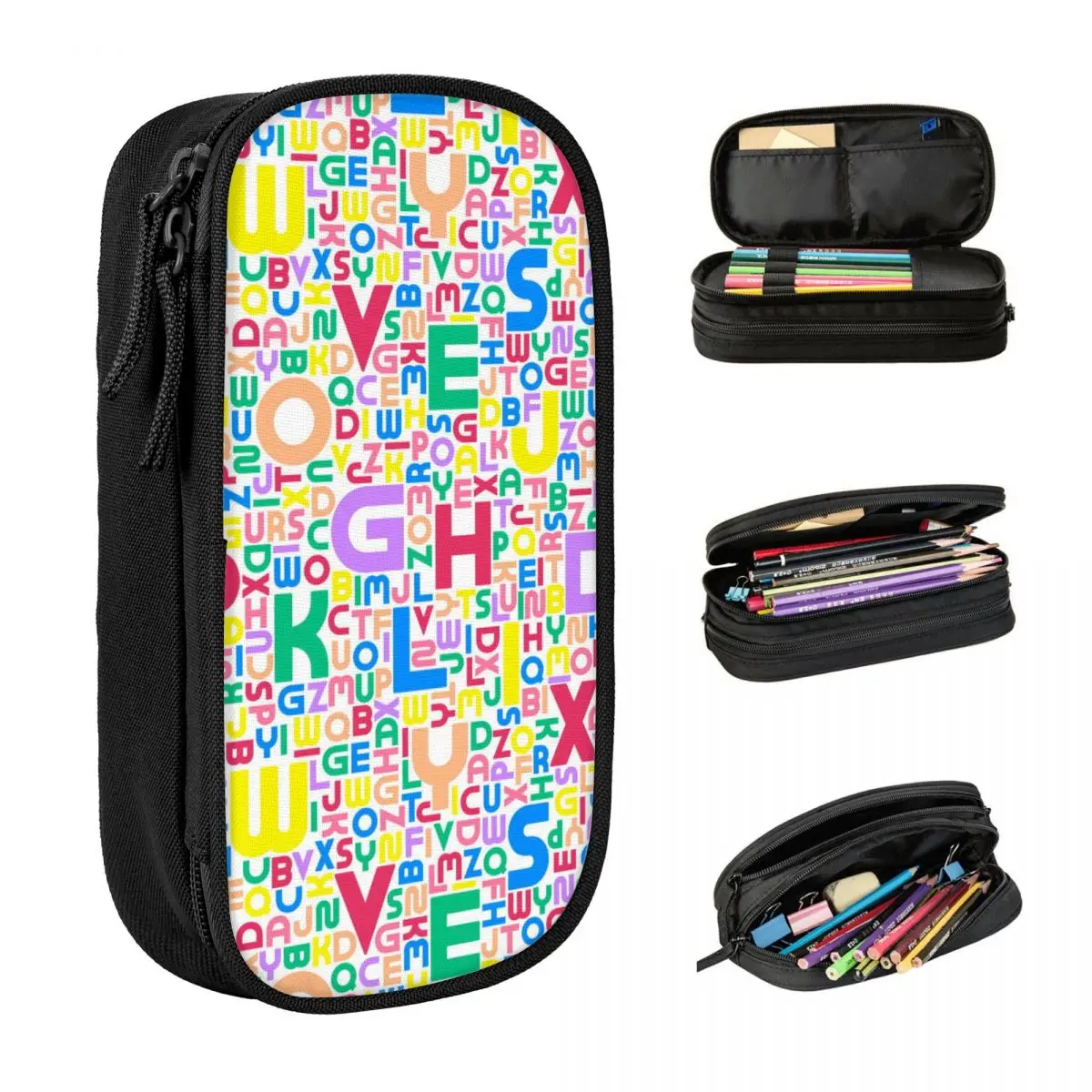 Colorful Seamless Alphabet Pattern Pencil Case Canvas Pencil Pouch Boy Girl Portable School Pencil Cases Stationery Organizer