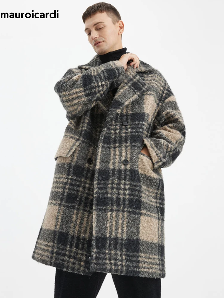 Mauroicardi Autumn Winter Long Loose Stylish Thick Warm Colorful Plaid Wool & Blends Coat Men Double Breasted Runway Fashion