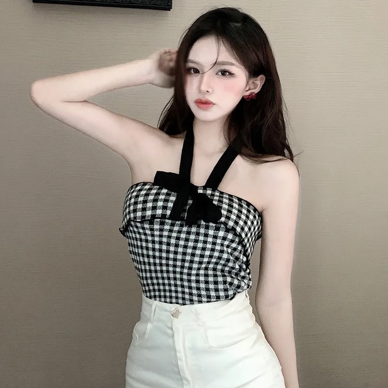 Summer Women\'s Crop Top Plaid Halter Bow Sexy Camisole Slim Fit Hot Girl Streetwear Casual Inner Wear Versatile Tank Top