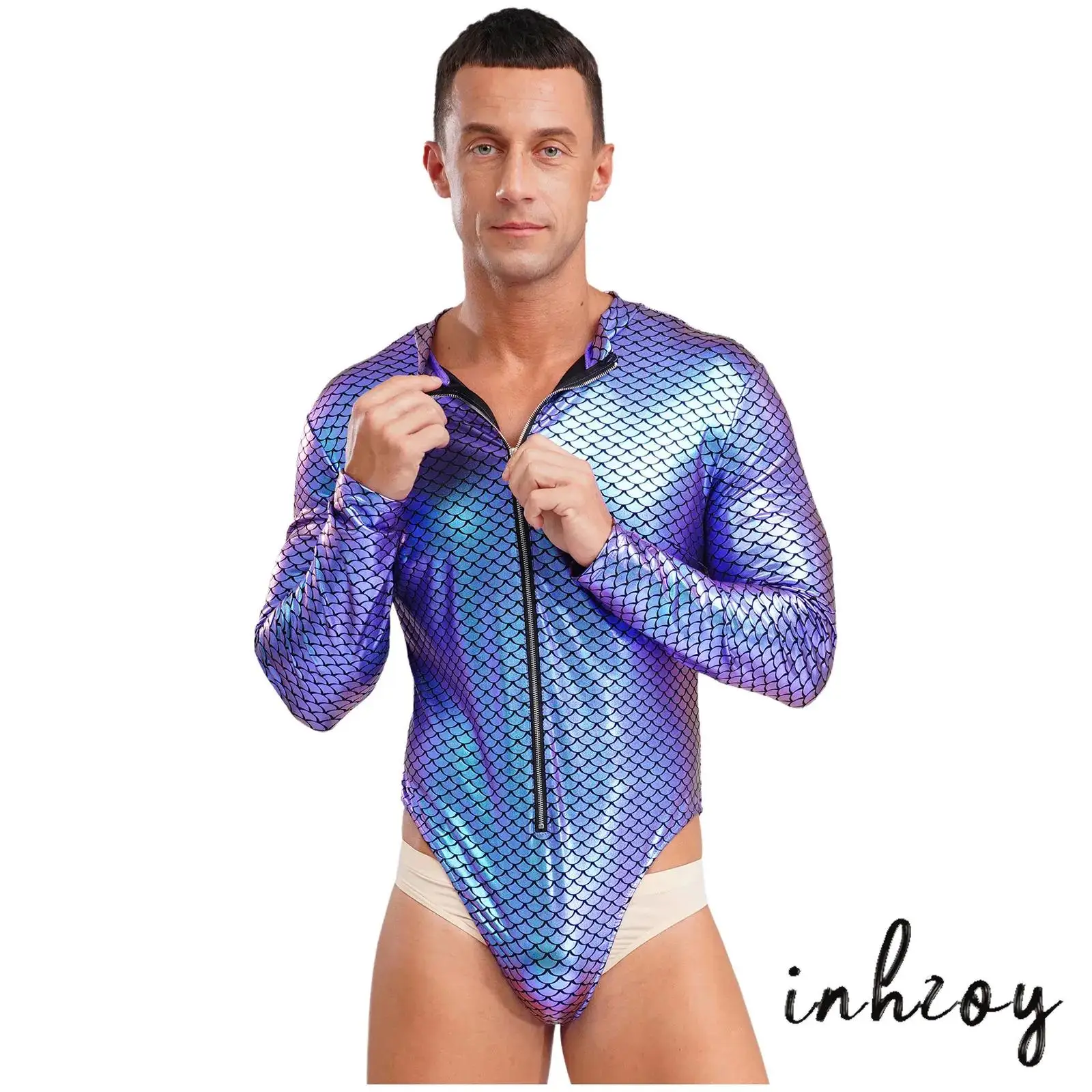 

Men One-Piece Body Shaper Long Sleeve Bodysuit for Fish Scales Male Mermaid Cosplay Costume Party Beach Bathing Suit Club Wear