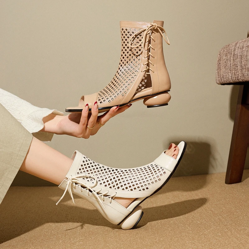 

Women's new spring and summer leather cowhide exposed toe, middle heel, lace up, side zipper, perforated short boots, cool boots