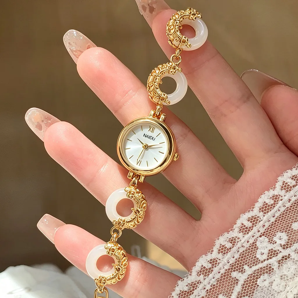 Women Fashion Jade Gold Quartz Bracelet Watch Elegant Vintage Ladies Small Dial Waterproof