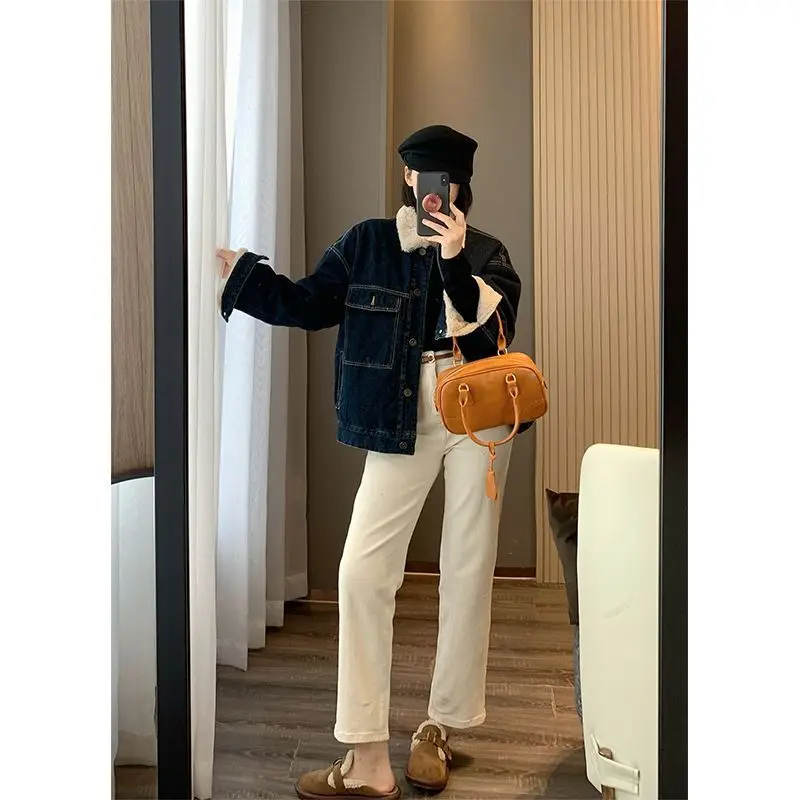 

Denim Coats Winter Fur Plush Womens Boxy Fit Minimalist Streetwear Trend Anti-Odor Quilted Hooded Fuzzy Button-Embellished Daily