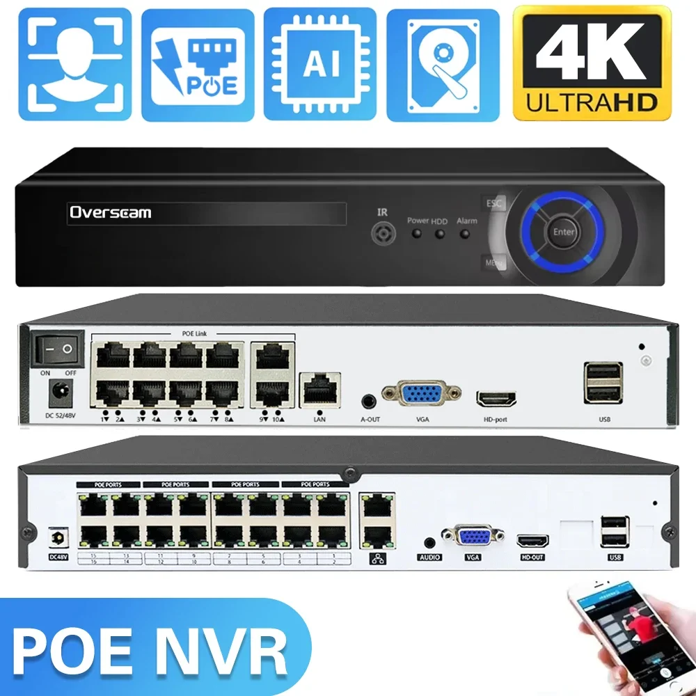 

4K 10CH 16CH POE NVR For 8MP 5MP 4MP IP Security Camera CCTV System Audio 4K Input Output Surveillance Video Recorder Face Detec