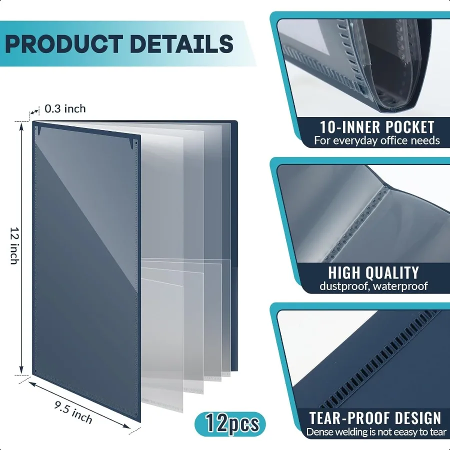 12 قطعة مجلدات متعددة الجيب فوليو 11 منظم مستندات الجيب مقاومة للتمزق المهنية مرنة البلاستيك الموثق ل Busin و B