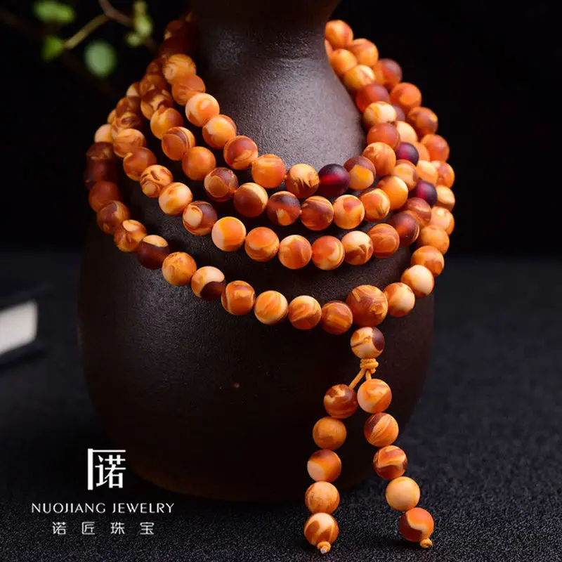 Ambergris Tiger Pattern 108 Old Bracelet, Multi-loop Amulet Honey Amber Beads