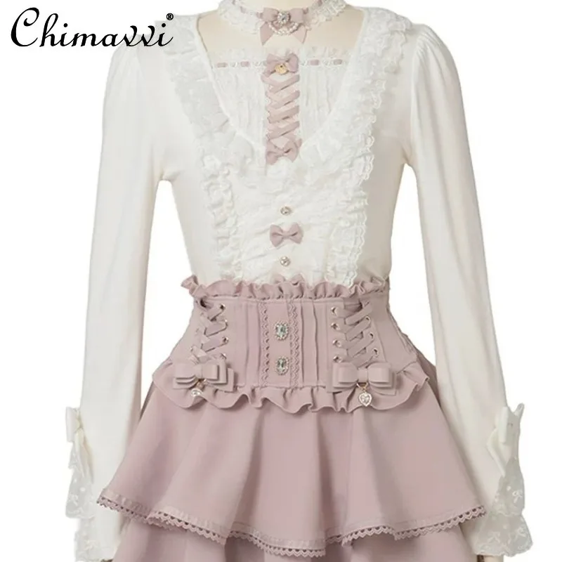 

Liz Japanese Sweet Lace Princess Sleeve Choker Ribbed Knit Top 2026 Spring New Girl Cute Bow Long-sleeve Elegant Sweater Women