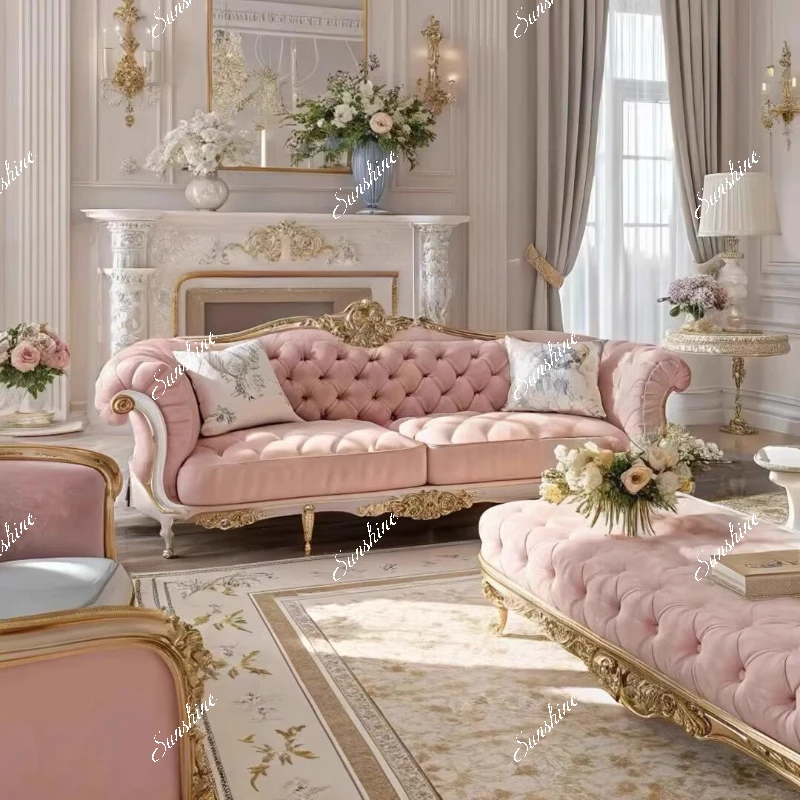 

Living room combination carved fabric three-person sofa court style solid wood sofa