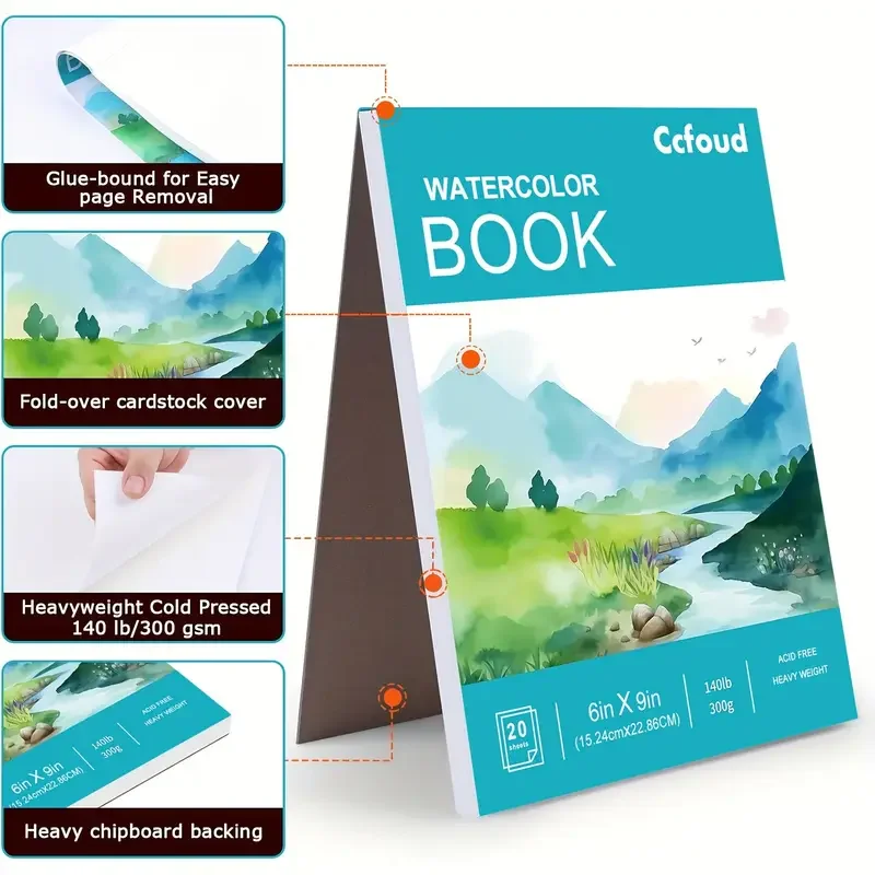 2 قطعة 12 ورقة كراسة رسم بالألوان المائية 14.81 × 21.01 سم، ورق ألوان مائية بالضغط البارد (63.5 كجم/300 جرامًا)، مياه ملزمة حلزونية C