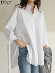 Women Vintage Long Sleeve Tops ZANZEA Solid Cotton Blouse 2023 Autumn Oversized Lapel Shirts Casual Work Irrgular High Low Tunic