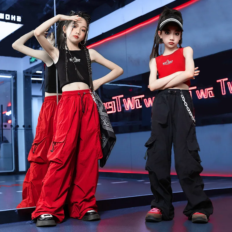 Tenue de danse Hip Hop pour enfants, olympiques de jazz Hip Hop pour filles, haut de nombril de route serré, pantalon de performance rouge, scène