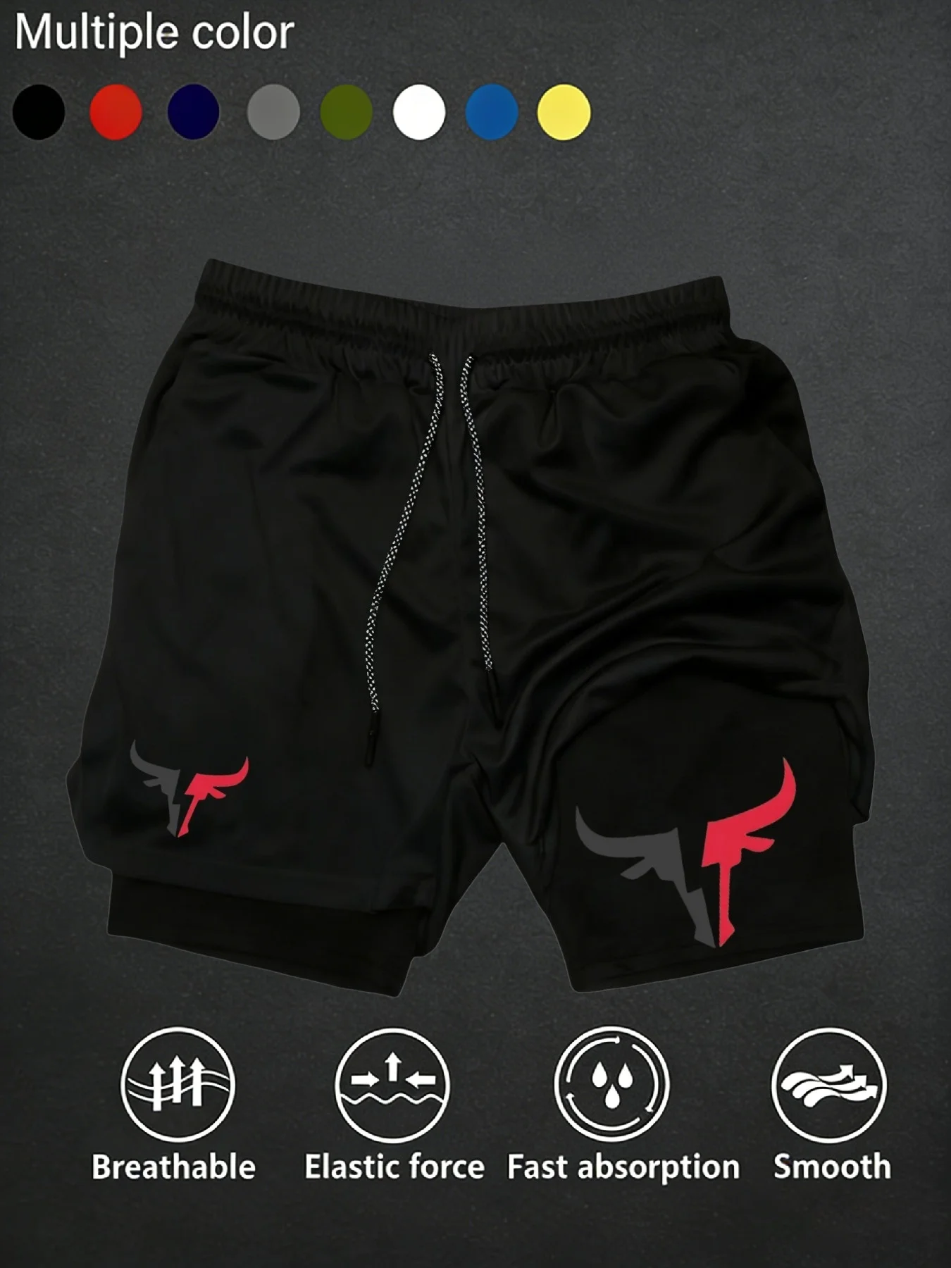 

Men's 2 in 1 Double Layer Sports Shorts Quick Dry Breathable Gym Running Training Shorts Bull Print Fitness Workout Short Pants