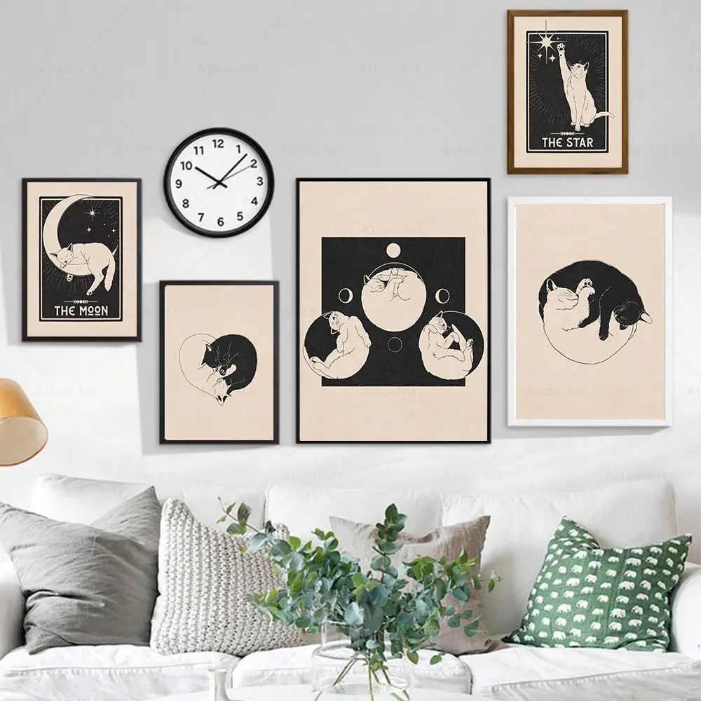 70s Inspired Vintage Cat Poster Moon Phases Yin and Yang Cats Astrology Sun Moon Star Cat Tarot Card Wall Art Painting Decor