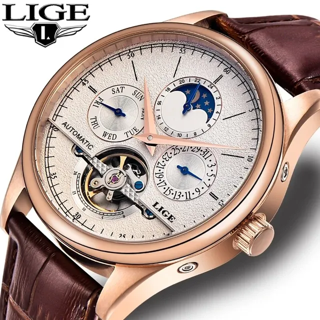 Zegarki męskie LIGE Automatyczny zegarek mechaniczny Tourbillon Zegarek z prawdziwej skóry Wodoodporny zegarek męski wojskowy