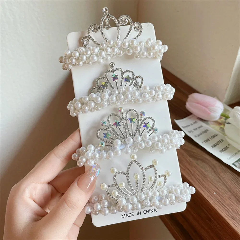 

Princess Tiara Hair Crown for Girls - Pearl-Embellished Headband & Elastic Hair Rings Set, Royal Party Accessories