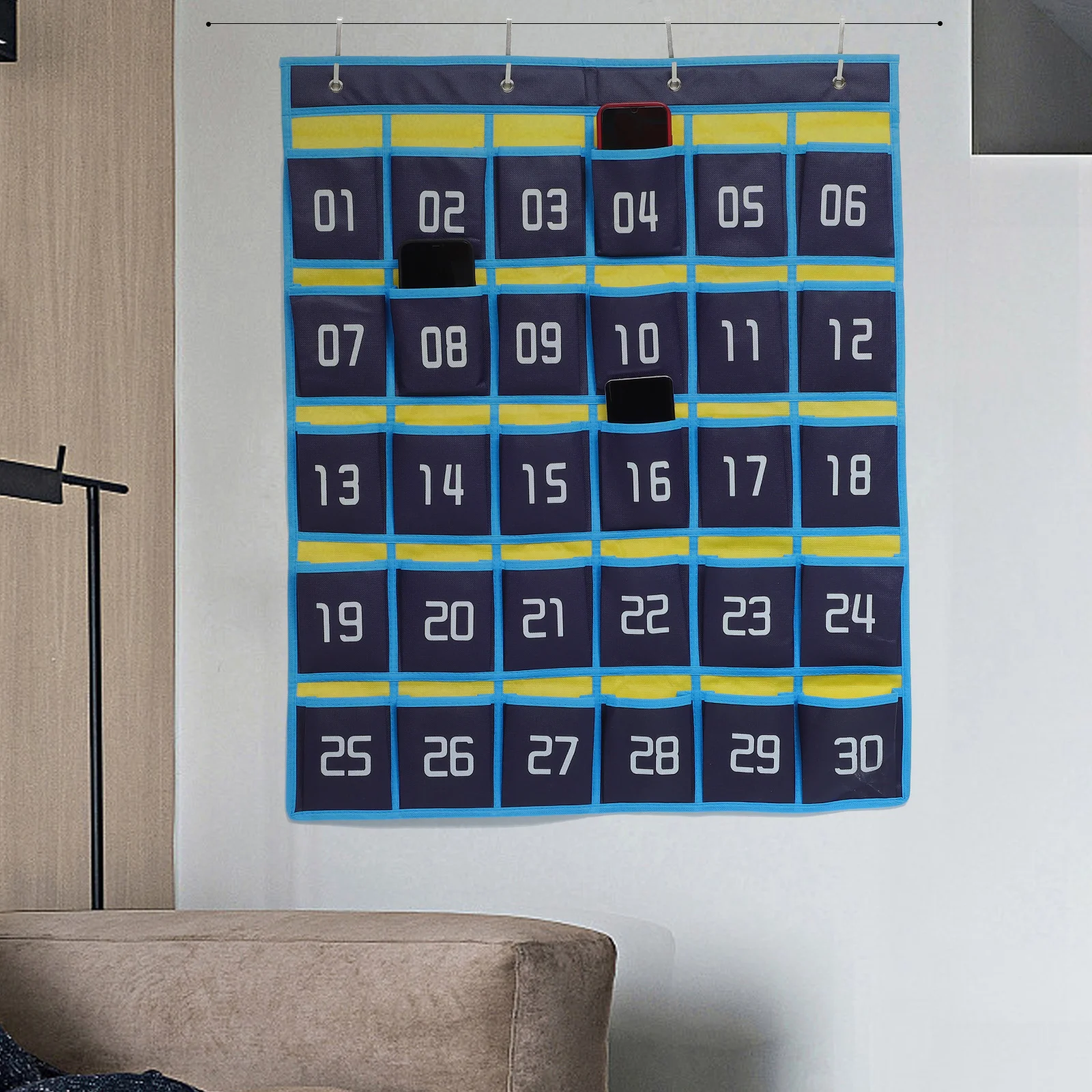 Pocket Blue and Yellow Classic Model 30 Grids + 4 Hooks Office Head Phones Non-woven Fabric Chart