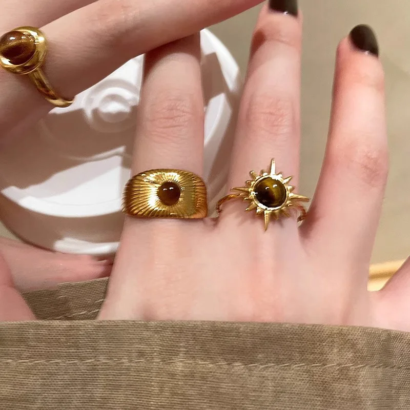 Sun Opal Stone Rings for Women Vintage Irregular Opening Ring Gold Color Design Aesthetic Jewelry Accessory Female Anillos Gifts